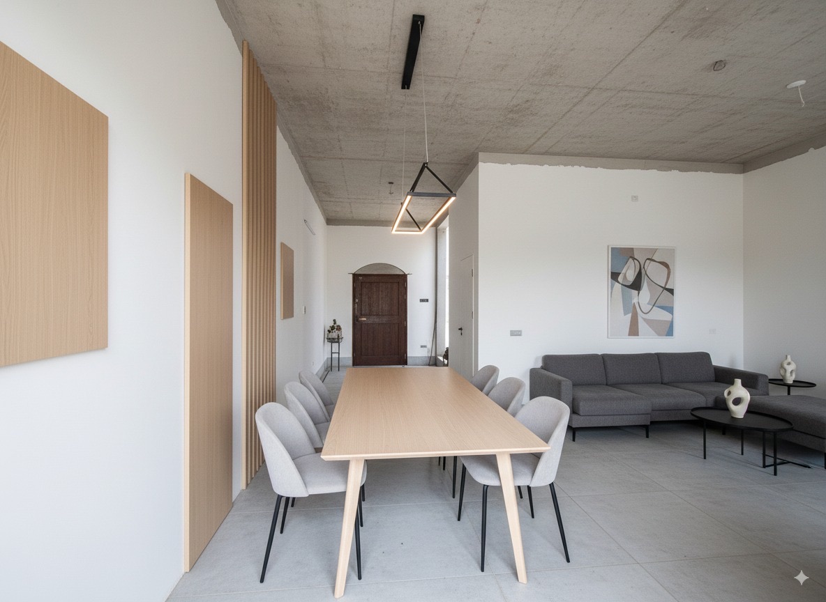 A high-end, photorealistic AI-generated floor design in a bright living room