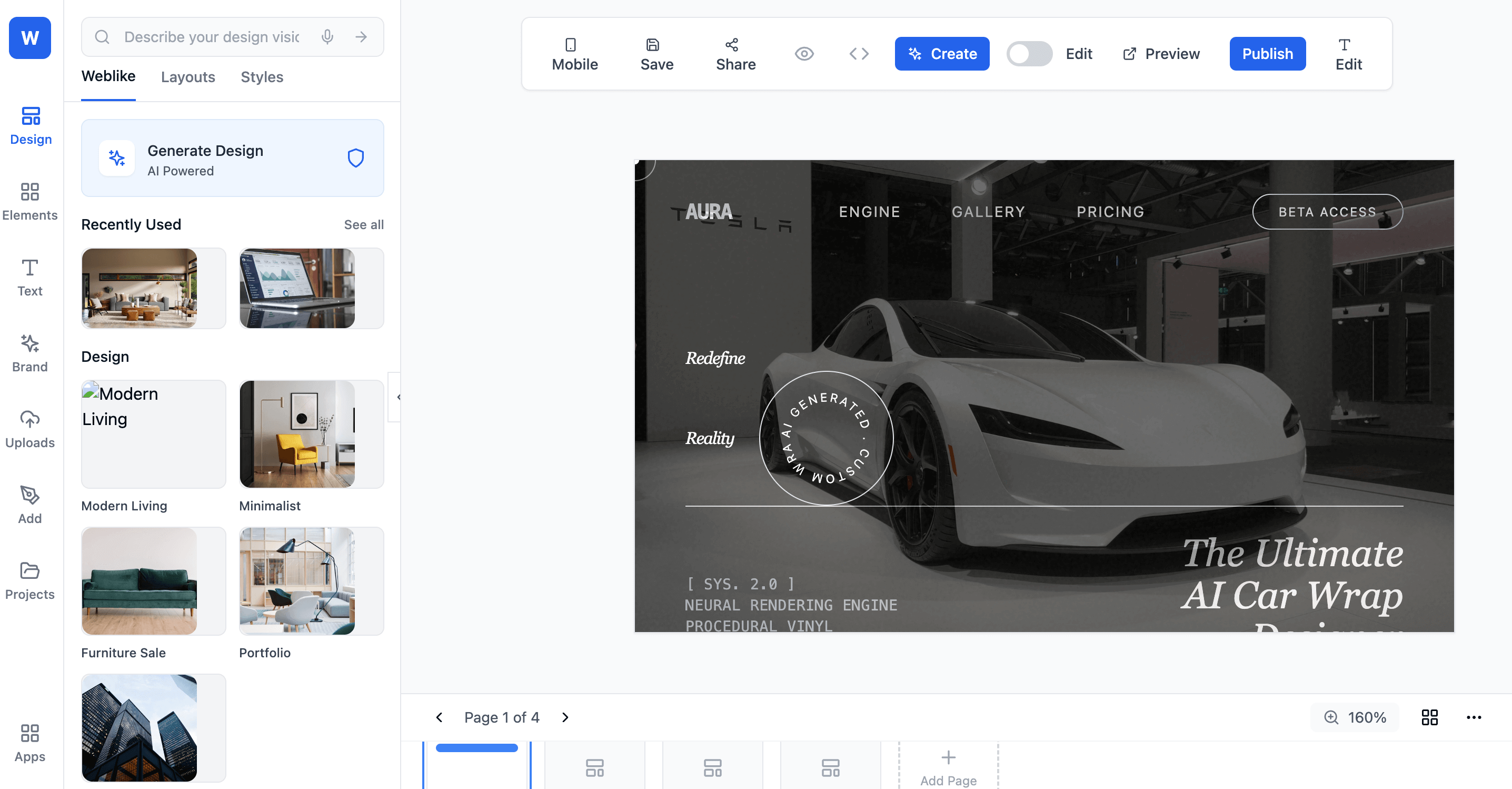 Weblike AI landing page builder dashboard